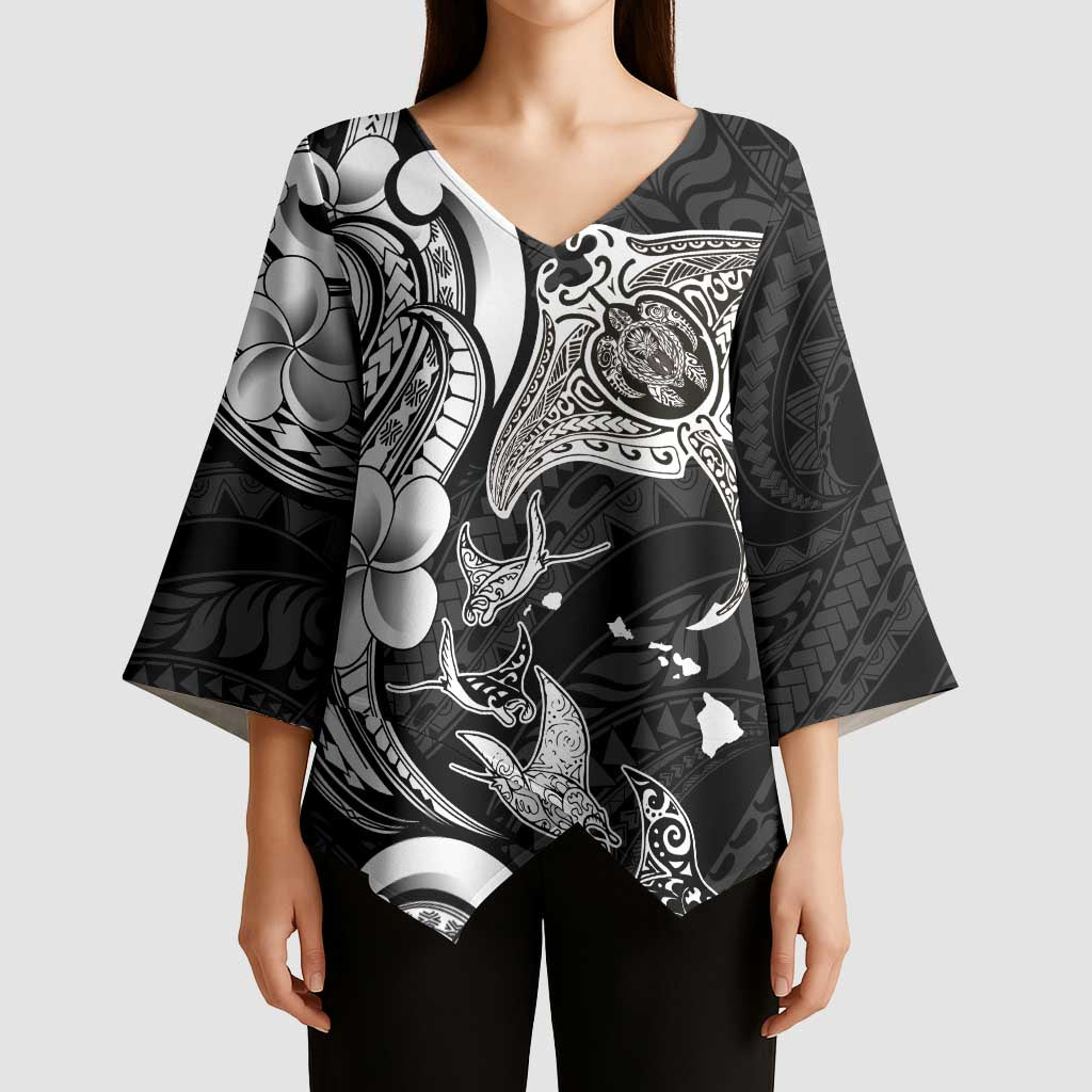 Hawaiian Manta Rays Kimono Sleeve Blouse Tribal Hibiscus Polynesian Tattoos Black Color - Polynesian Pride