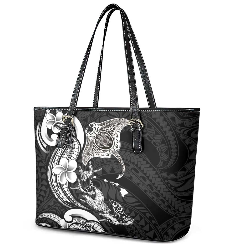 Hawaiian Manta Rays Leather Tote Bag Tribal Hibiscus Polynesian Tattoos Black Color - Polynesian Pride