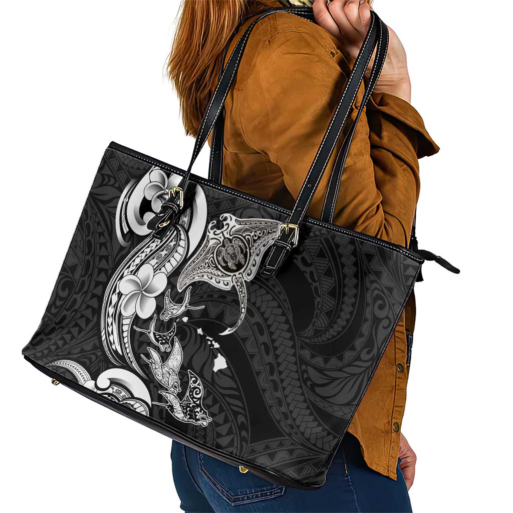 Hawaiian Manta Rays Leather Tote Bag Tribal Hibiscus Polynesian Tattoos Black Color - Polynesian Pride