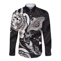 Hawaiian Manta Rays Long Sleeve Button Shirt Tribal Hibiscus Polynesian Tattoos Black Color - Polynesian Pride