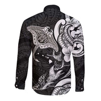 Hawaiian Manta Rays Long Sleeve Button Shirt Tribal Hibiscus Polynesian Tattoos Black Color - Polynesian Pride
