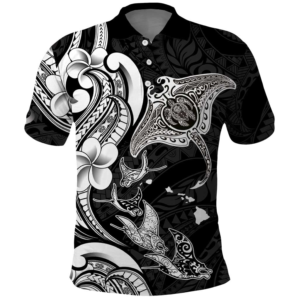 Hawaiian Manta Rays Polo Shirt Tribal Hibiscus Polynesian Tattoos Black Color - Polynesian Pride