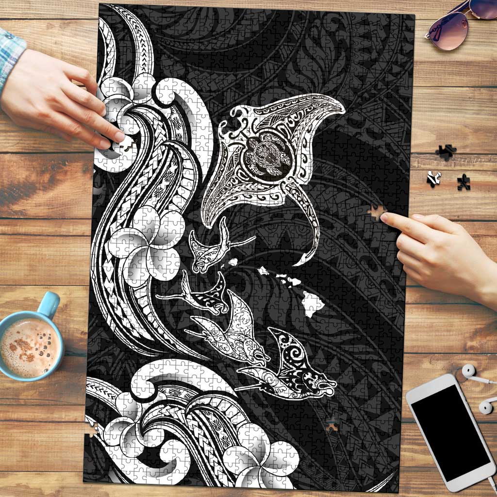 Hawaiian Manta Rays Puzzle Tribal Hibiscus Polynesian Tattoos Black Color - Polynesian Pride