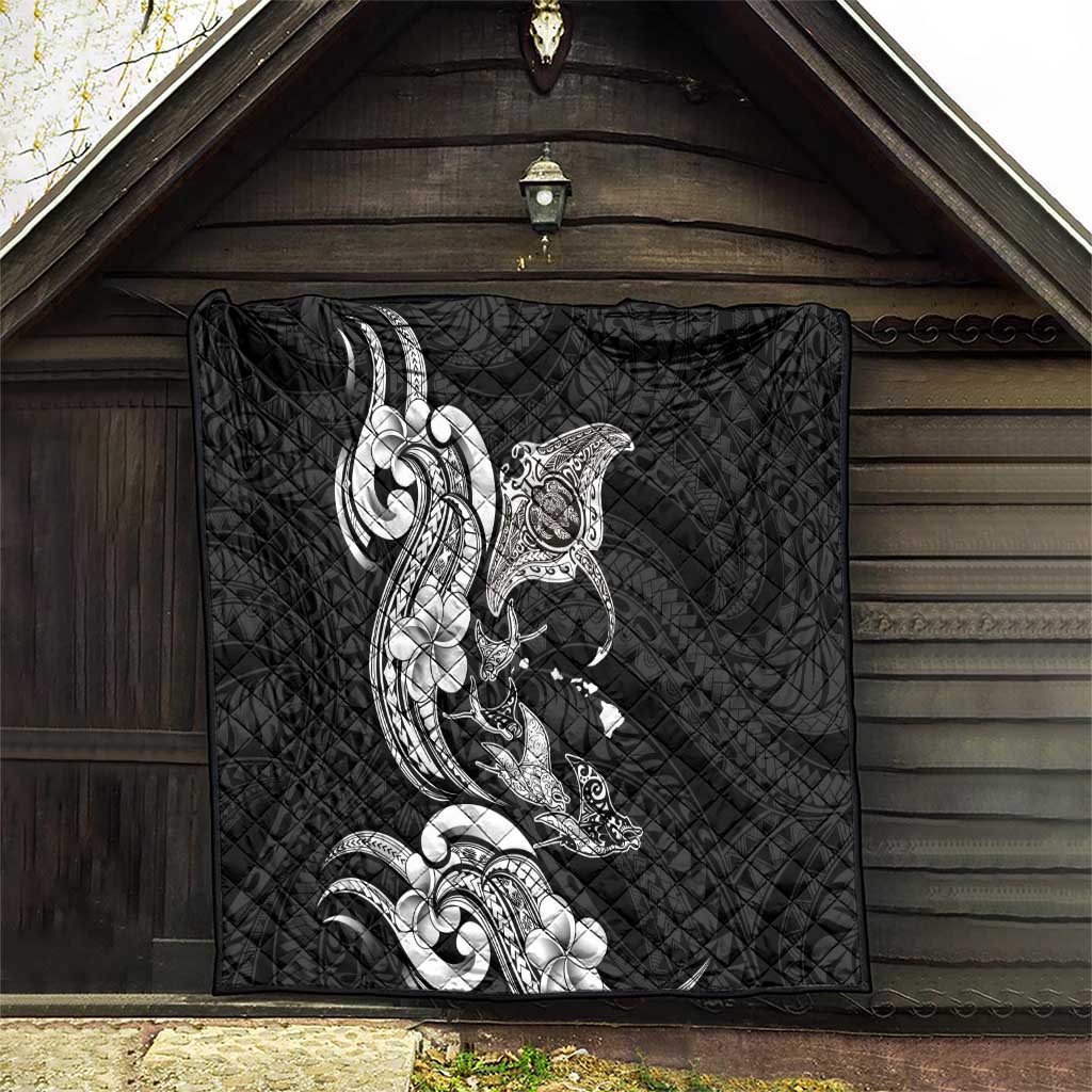 Hawaiian Manta Rays Quilt Tribal Hibiscus Polynesian Tattoos Black Color - Polynesian Pride