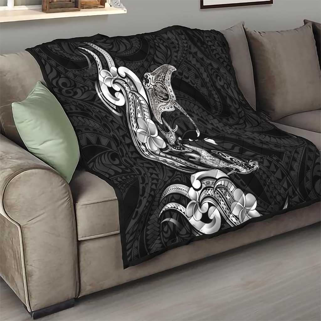 Hawaiian Manta Rays Quilt Tribal Hibiscus Polynesian Tattoos Black Color - Polynesian Pride