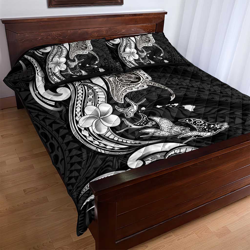 Hawaiian Manta Rays Quilt Bed Set Tribal Hibiscus Polynesian Tattoos Black Color - Polynesian Pride
