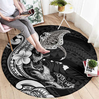 Hawaiian Manta Rays Round Carpet Tribal Hibiscus Polynesian Tattoos Black Color - Polynesian Pride