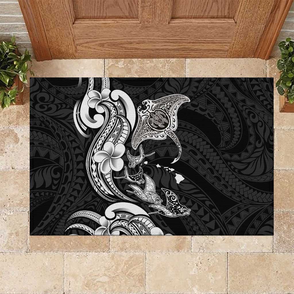 Hawaiian Manta Rays Rubber Doormat Tribal Hibiscus Polynesian Tattoos Black Color - Polynesian Pride