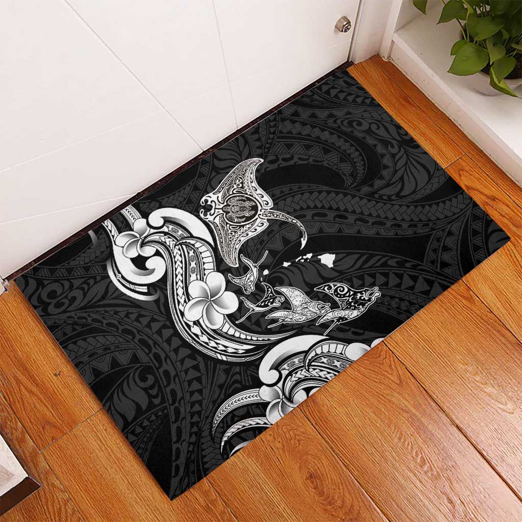 Hawaiian Manta Rays Rubber Doormat Tribal Hibiscus Polynesian Tattoos Black Color - Polynesian Pride
