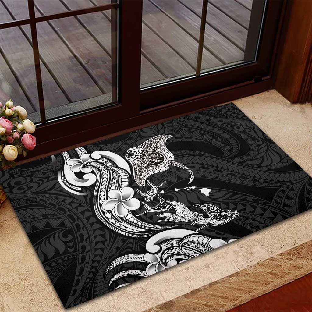 Hawaiian Manta Rays Rubber Doormat Tribal Hibiscus Polynesian Tattoos Black Color - Polynesian Pride