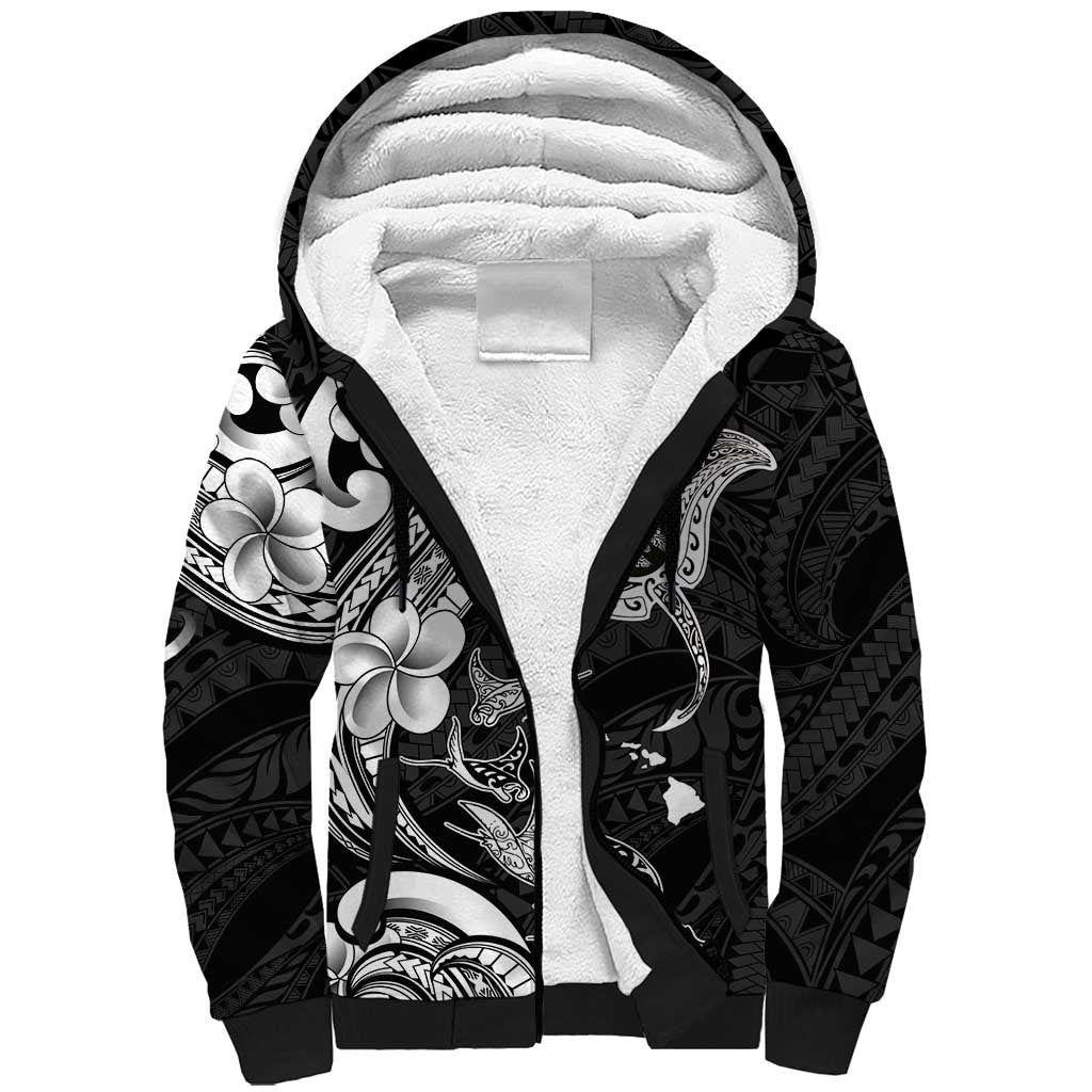 Hawaiian Manta Rays Sherpa Hoodie Tribal Hibiscus Polynesian Tattoos Black Color - Polynesian Pride
