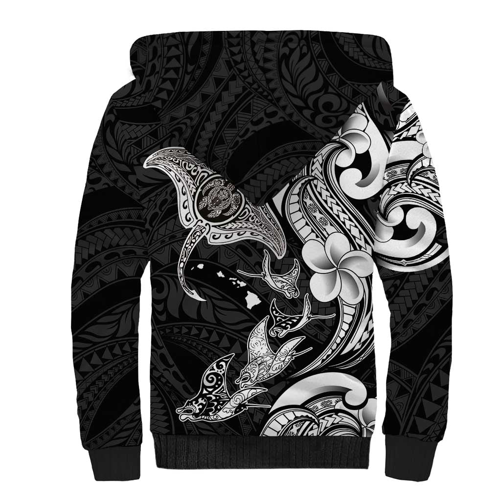 Hawaiian Manta Rays Sherpa Hoodie Tribal Hibiscus Polynesian Tattoos Black Color - Polynesian Pride