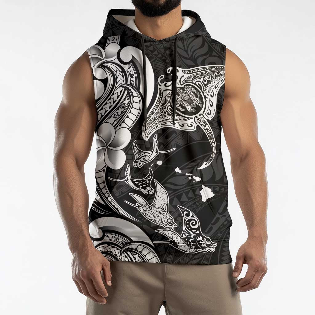 Hawaiian Manta Rays Sleeveless Hoodie Tribal Hibiscus Polynesian Tattoos Black Color - Polynesian Pride