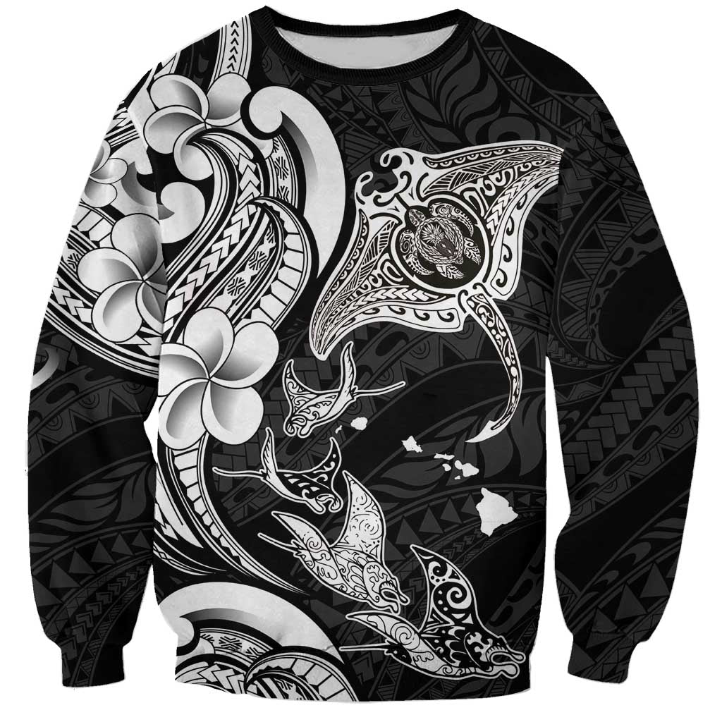 Hawaiian Manta Rays Sweatshirt Tribal Hibiscus Polynesian Tattoos Black Color - Polynesian Pride