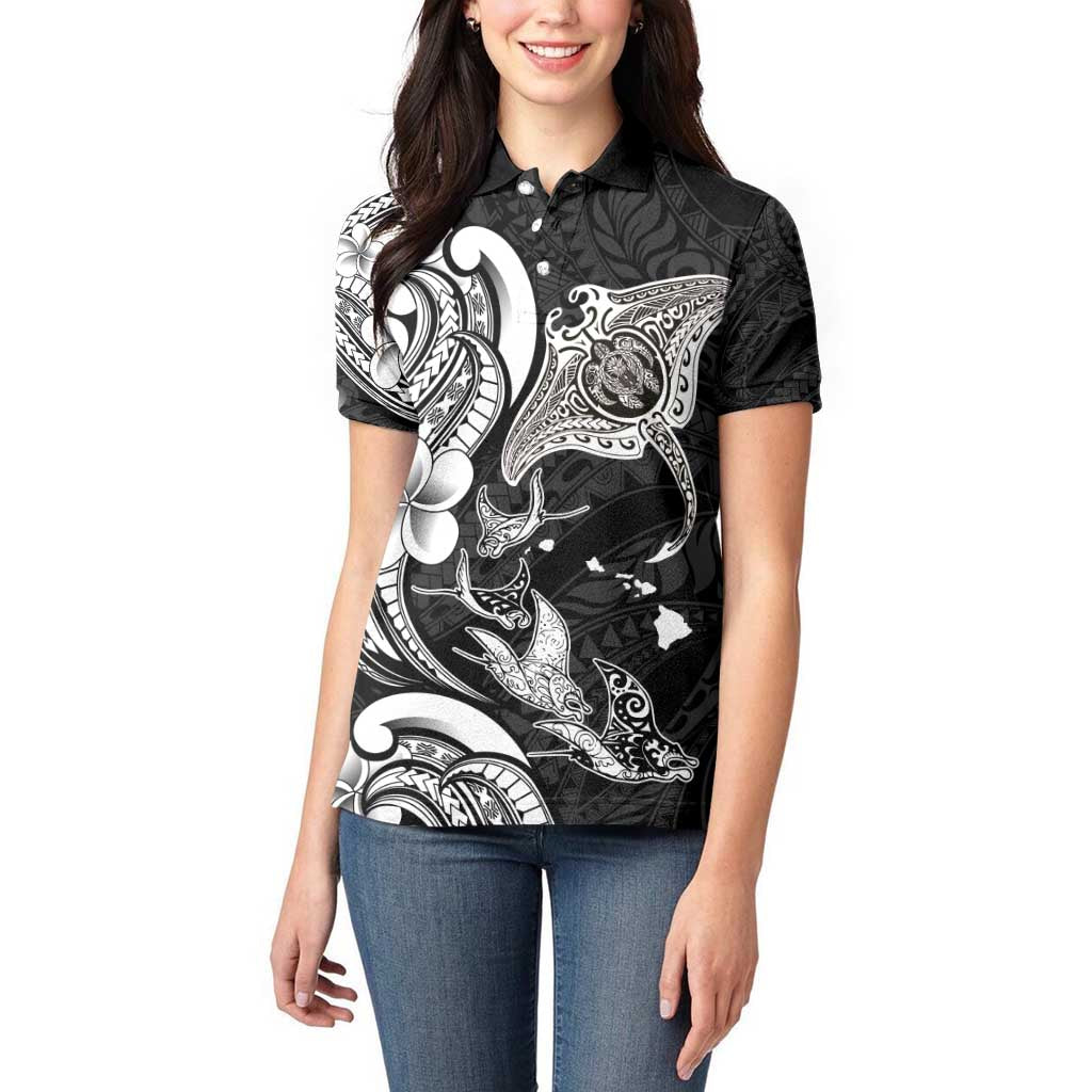 Hawaiian Manta Rays Women Polo Shirt Tribal Hibiscus Polynesian Tattoos Black Color - Polynesian Pride