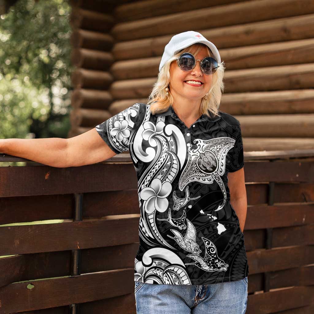 Hawaiian Manta Rays Women Polo Shirt Tribal Hibiscus Polynesian Tattoos Black Color - Polynesian Pride