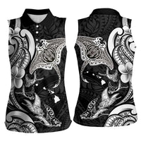 Hawaiian Manta Rays Women Sleeveless Polo Shirt Tribal Hibiscus Polynesian Tattoos Black Color - Polynesian Pride