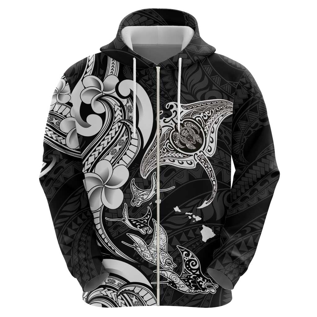Hawaiian Manta Rays Zip Hoodie Tribal Hibiscus Polynesian Tattoos Black Color - Polynesian Pride