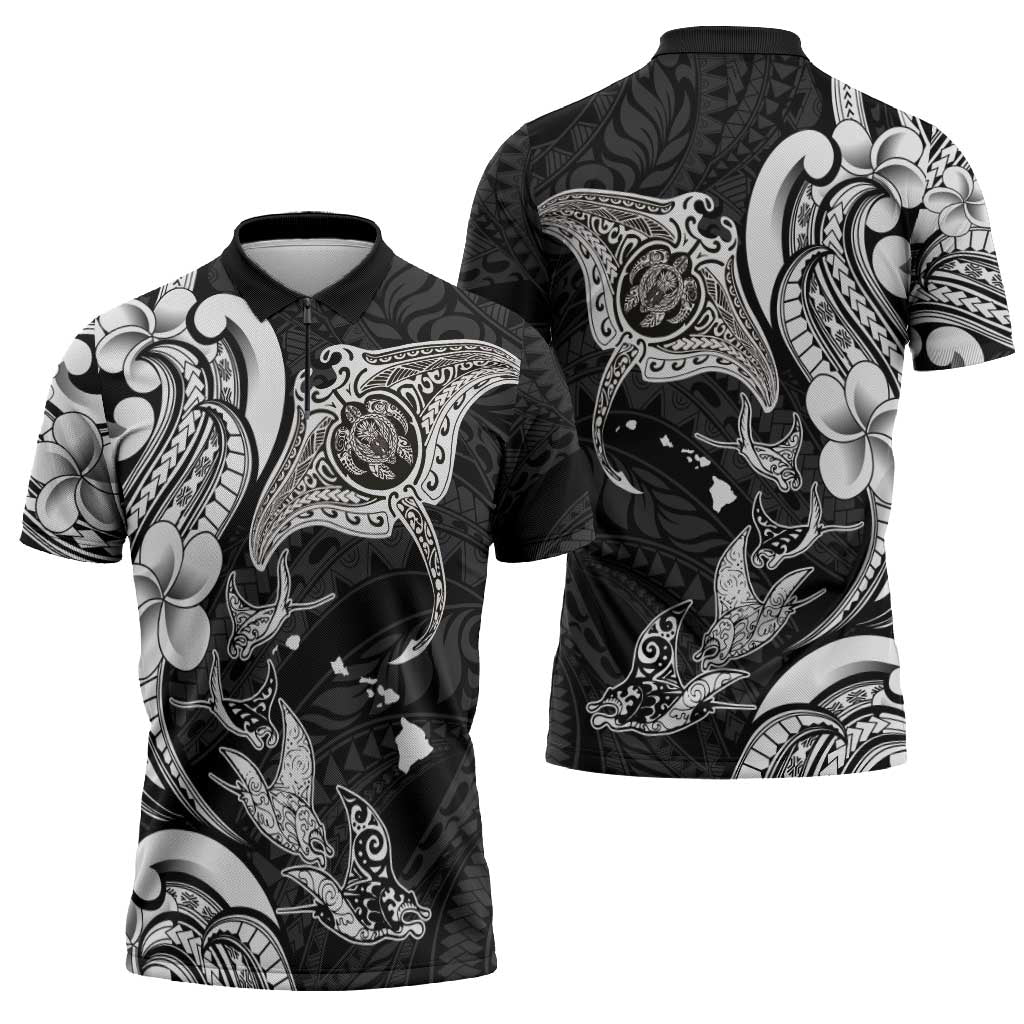 Hawaiian Manta Rays Zipper Polo Shirt Tribal Hibiscus Polynesian Tattoos Black Color - Polynesian Pride