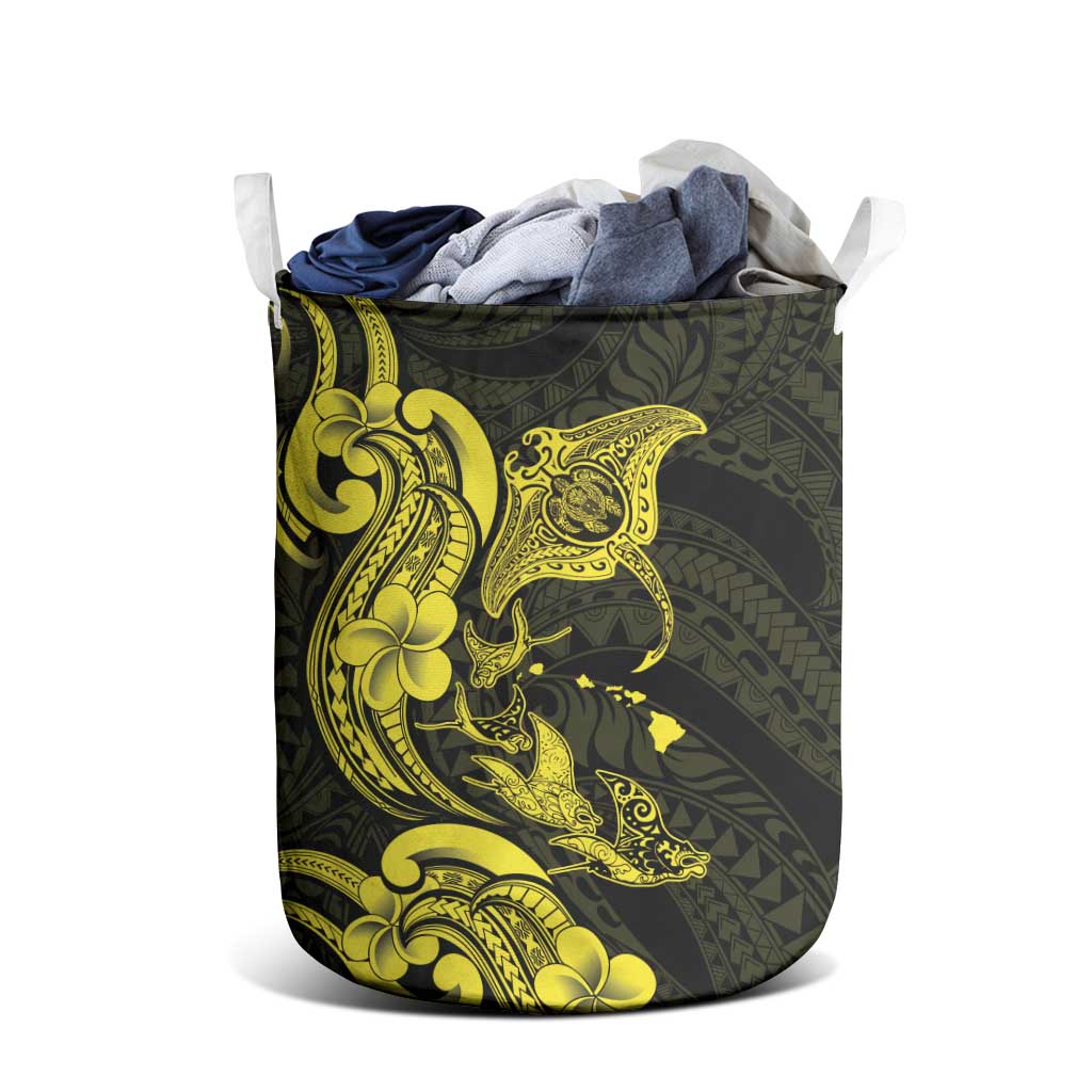Hawaiian Manta Rays Laundry Basket Tribal Hibiscus Polynesian Tattoos Yellow Color - Polynesian Pride