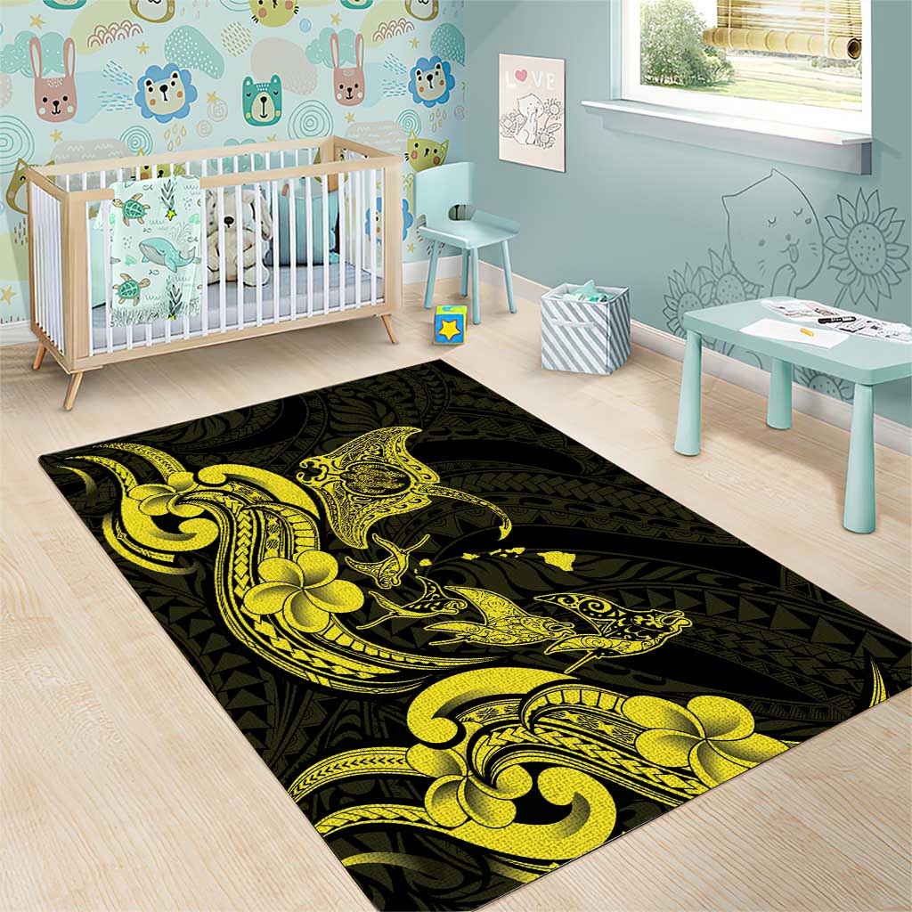 Hawaiian Manta Rays Area Rug Tribal Hibiscus Polynesian Tattoos Yellow Color - Polynesian Pride