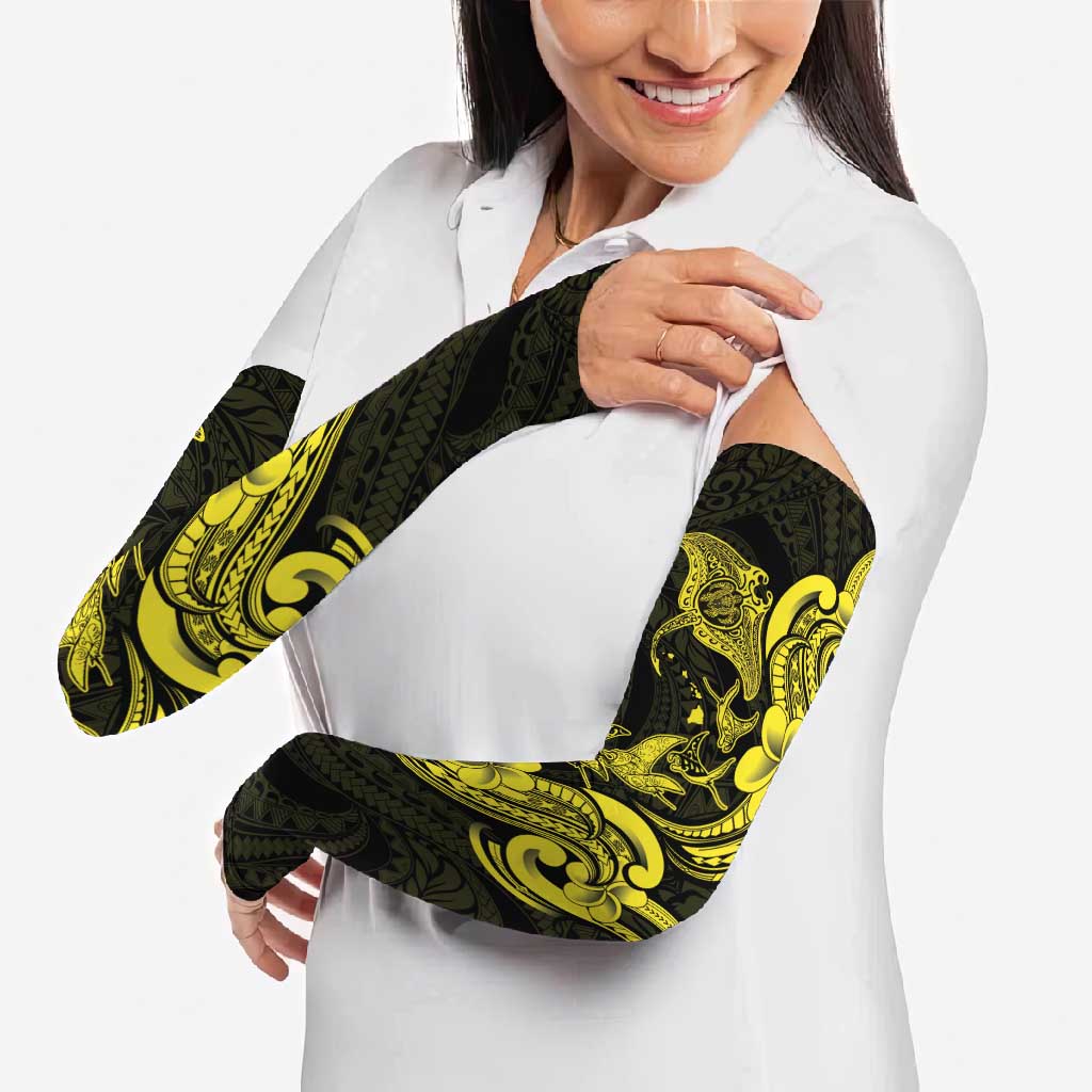 Hawaiian Manta Rays Arm Sleeves Tribal Hibiscus Polynesian Tattoos Yellow Color - Polynesian Pride