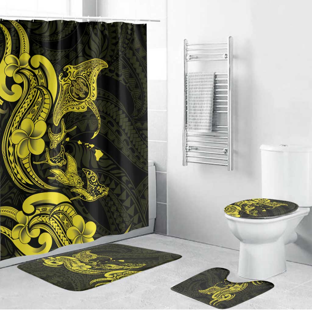 Hawaiian Manta Rays Bathroom Set Tribal Hibiscus Polynesian Tattoos Yellow Color - Polynesian Pride