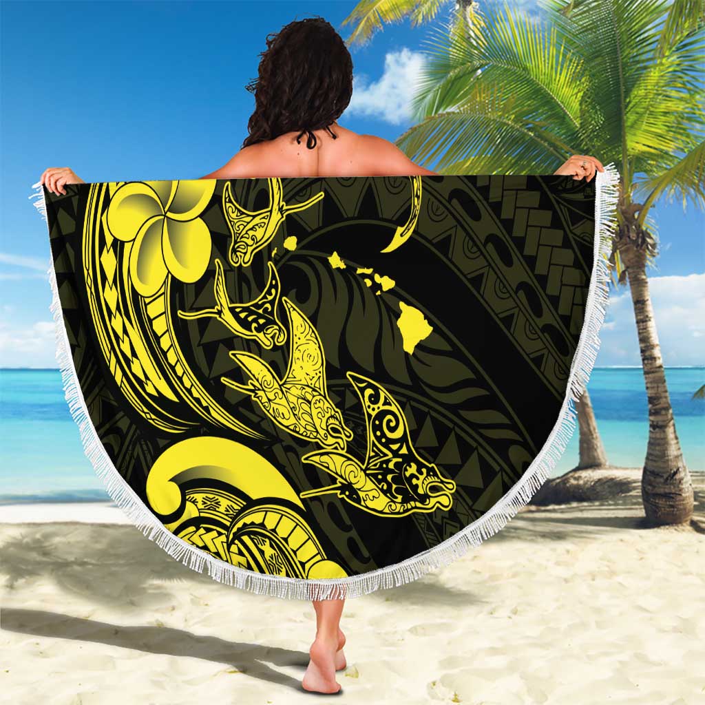 Hawaiian Manta Rays Beach Blanket Tribal Hibiscus Polynesian Tattoos Yellow Color - Polynesian Pride