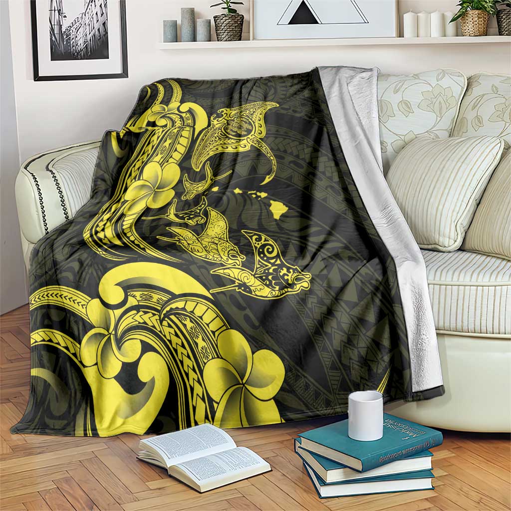 Hawaiian Manta Rays Blanket Tribal Hibiscus Polynesian Tattoos Yellow Color - Polynesian Pride