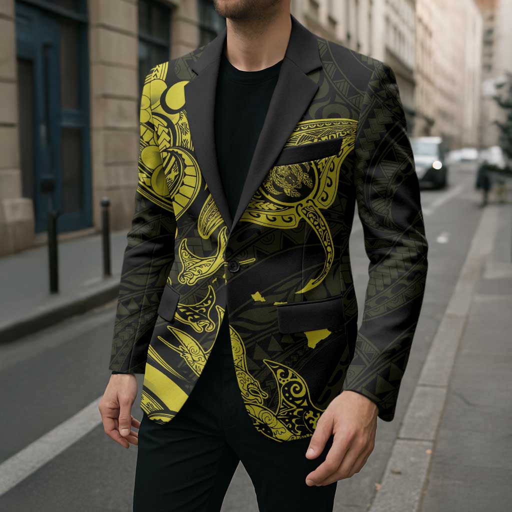 Hawaiian Manta Rays Blazer Tribal Hibiscus Polynesian Tattoos Yellow Color - Polynesian Pride