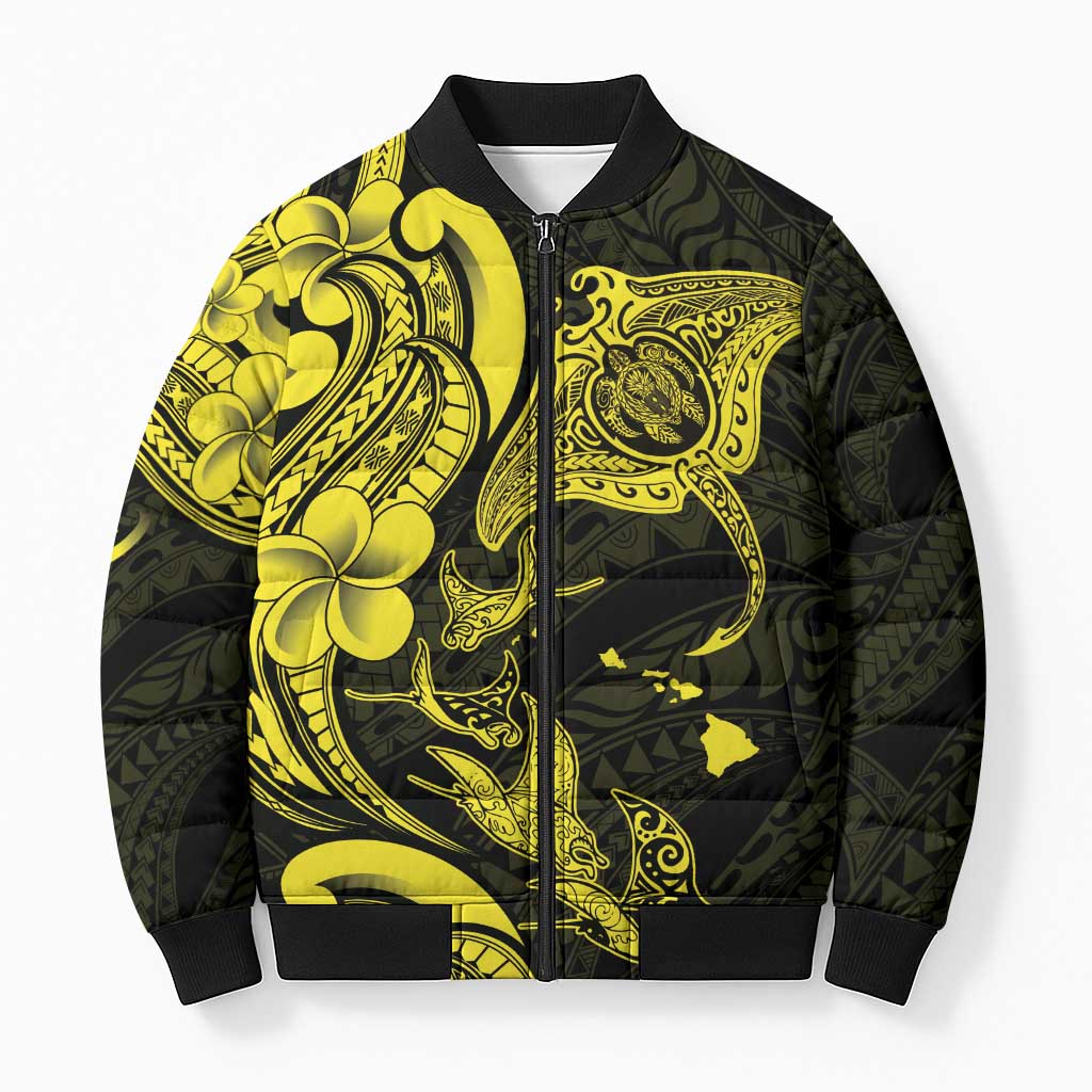 Hawaiian Manta Rays Bomber Puffer Jacket Tribal Hibiscus Polynesian Tattoos Yellow Color - Polynesian Pride