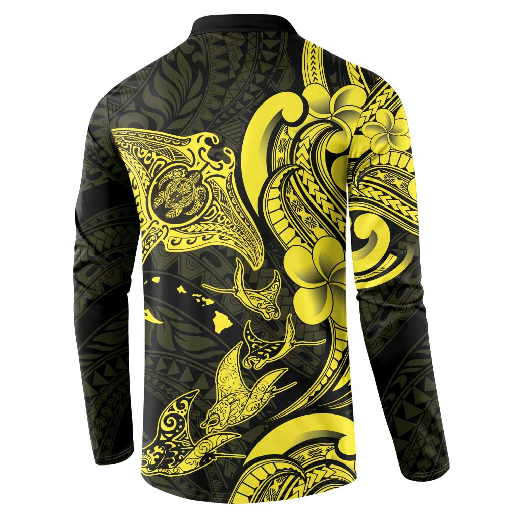 Hawaiian Manta Rays Button Sweatshirt Tribal Hibiscus Polynesian Tattoos Yellow Color - Polynesian Pride
