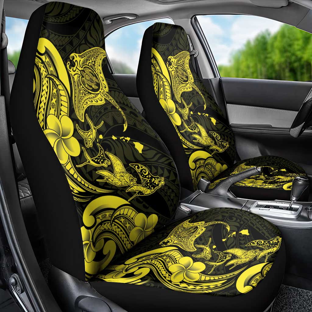Hawaiian Manta Rays Car Seat Cover Tribal Hibiscus Polynesian Tattoos Yellow Color - Polynesian Pride