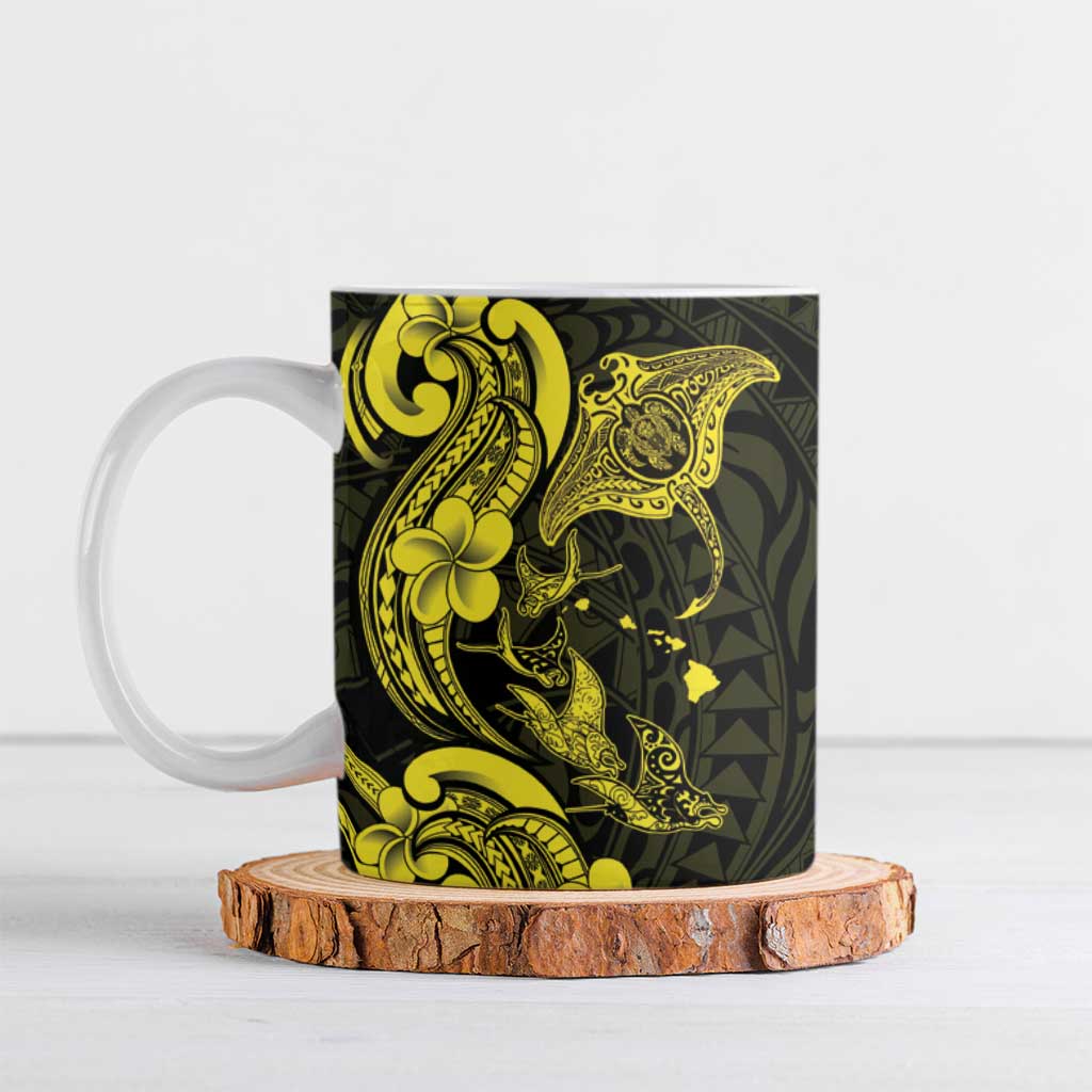 Hawaiian Manta Rays Ceramic Mug Tribal Hibiscus Polynesian Tattoos Yellow Color - Polynesian Pride