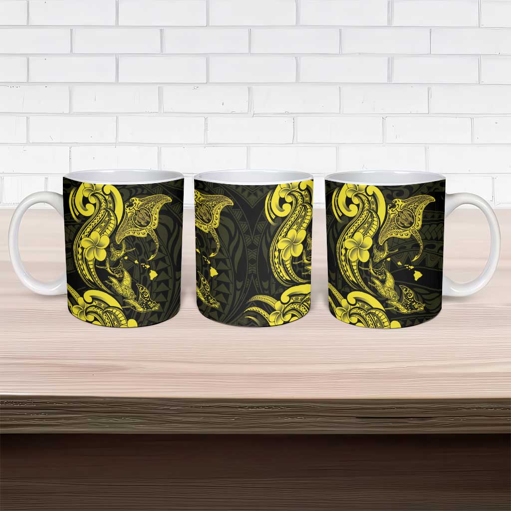 Hawaiian Manta Rays Ceramic Mug Tribal Hibiscus Polynesian Tattoos Yellow Color - Polynesian Pride