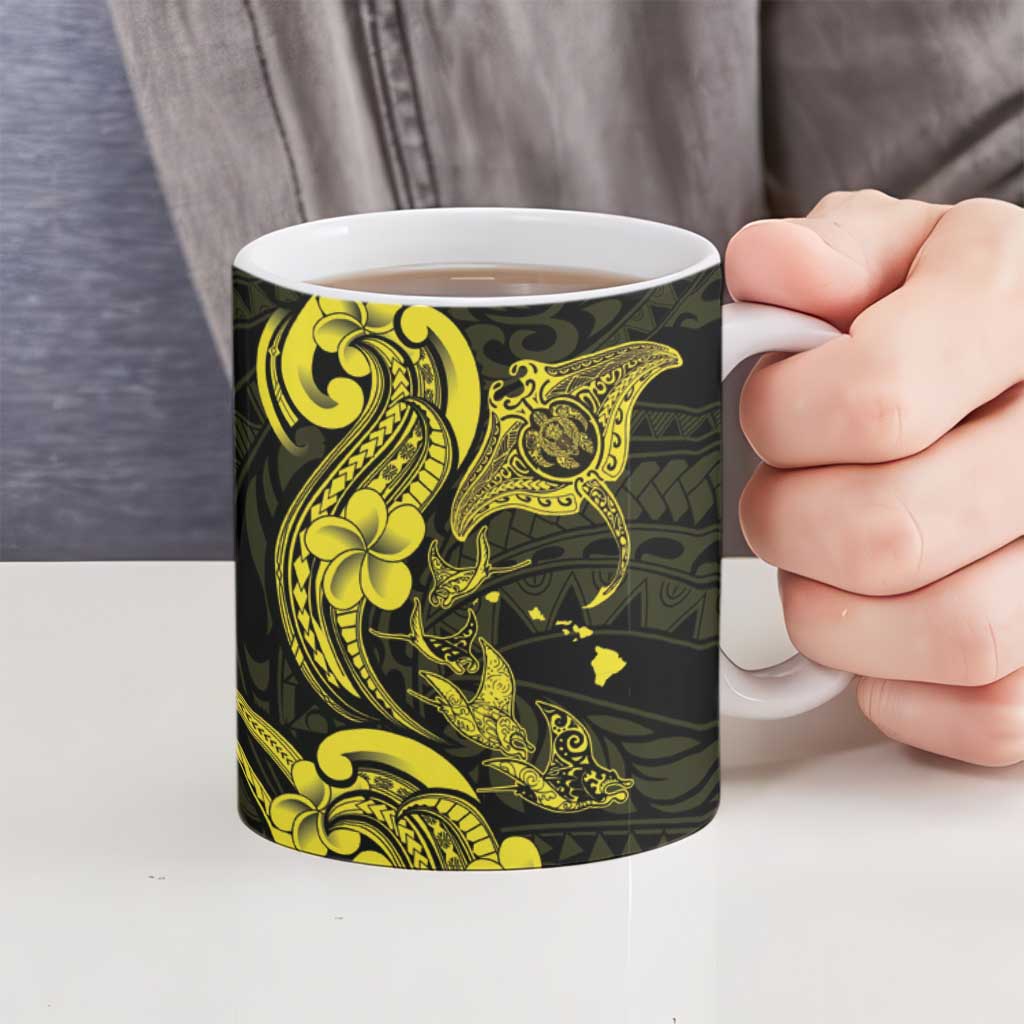 Hawaiian Manta Rays Ceramic Mug Tribal Hibiscus Polynesian Tattoos Yellow Color - Polynesian Pride