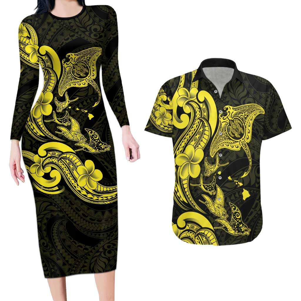 Hawaiian Manta Rays Couples Matching Long Sleeve Bodycon Dress and Hawaiian Shirt Tribal Hibiscus Polynesian Tattoos Yellow Color - Polynesian Pride