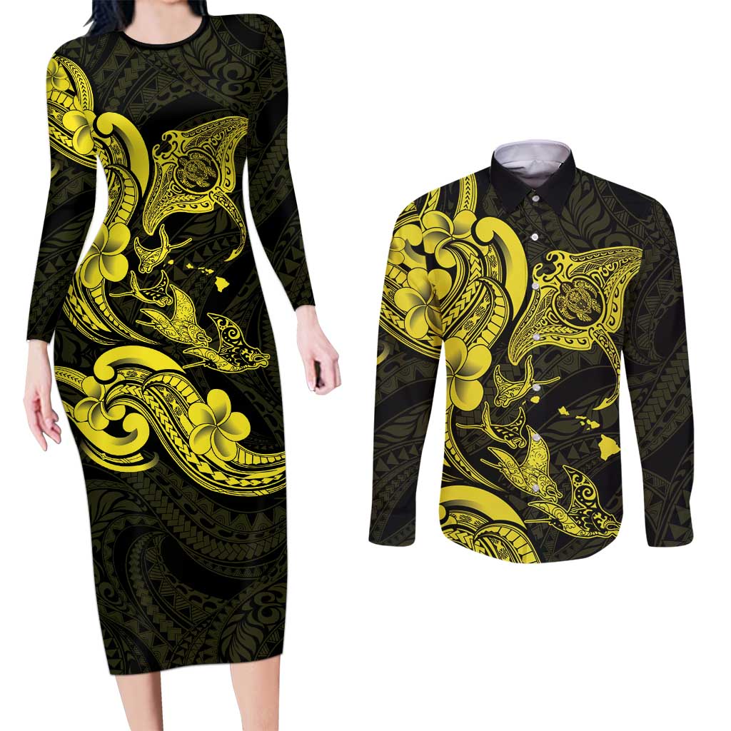 Hawaiian Manta Rays Couples Matching Long Sleeve Bodycon Dress and Long Sleeve Button Shirt Tribal Hibiscus Polynesian Tattoos Yellow Color - Polynesian Pride