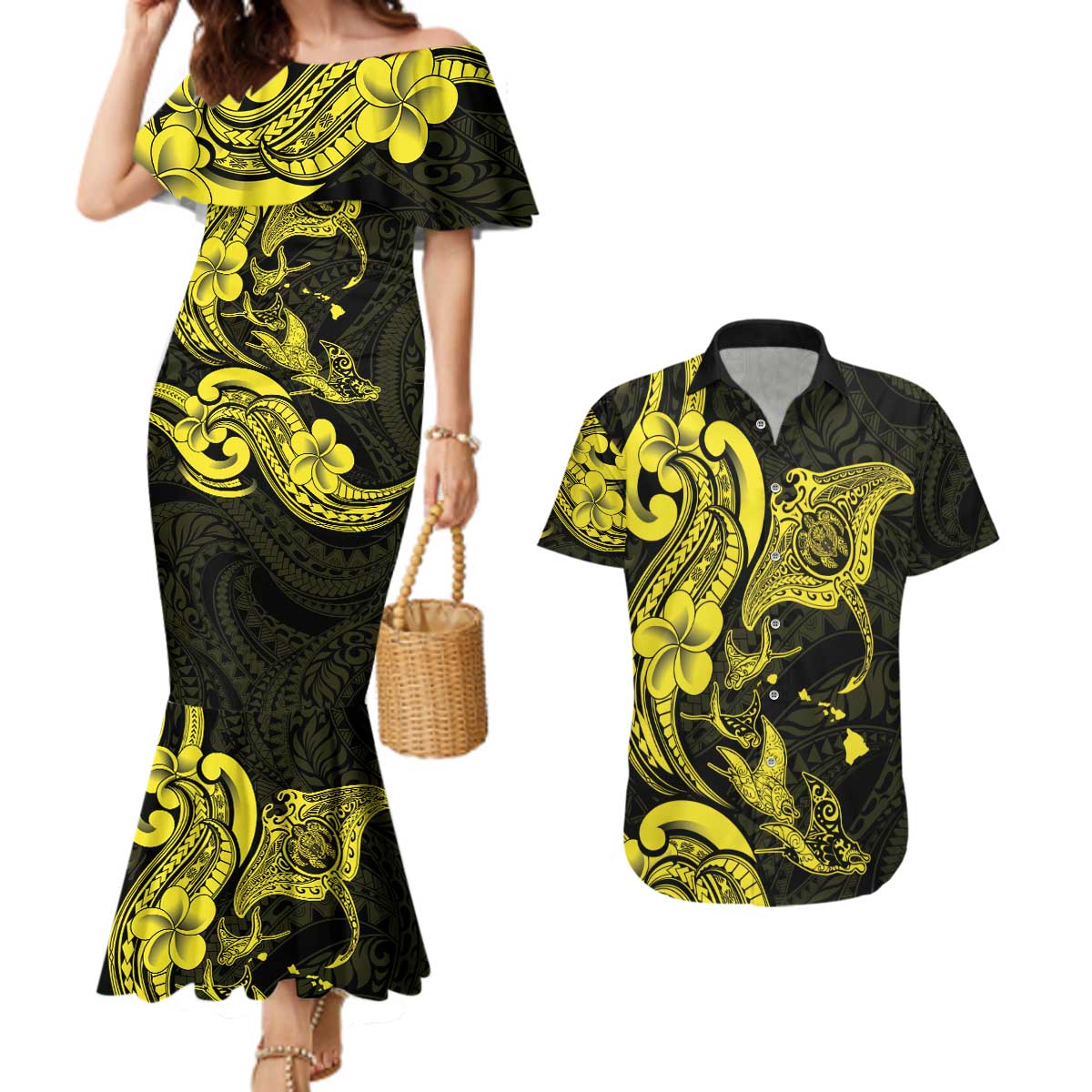 Hawaiian Manta Rays Couples Matching Mermaid Dress and Hawaiian Shirt Tribal Hibiscus Polynesian Tattoos Yellow Color - Polynesian Pride