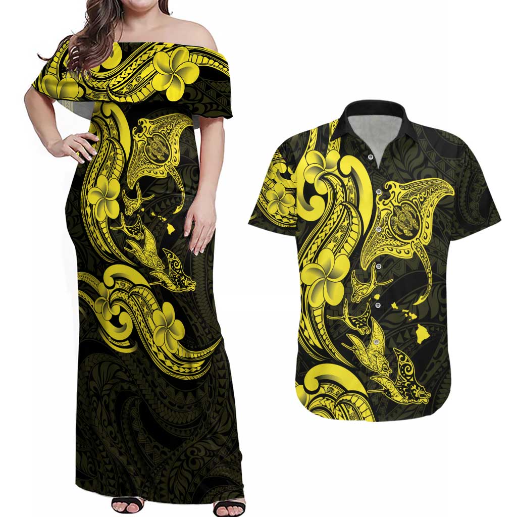 Hawaiian Manta Rays Couples Matching Off Shoulder Maxi Dress and Hawaiian Shirt Tribal Hibiscus Polynesian Tattoos Yellow Color - Polynesian Pride