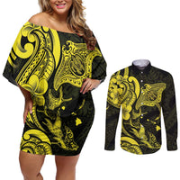 Hawaiian Manta Rays Couples Matching Off Shoulder Short Dress and Long Sleeve Button Shirt Tribal Hibiscus Polynesian Tattoos Yellow Color - Polynesian Pride