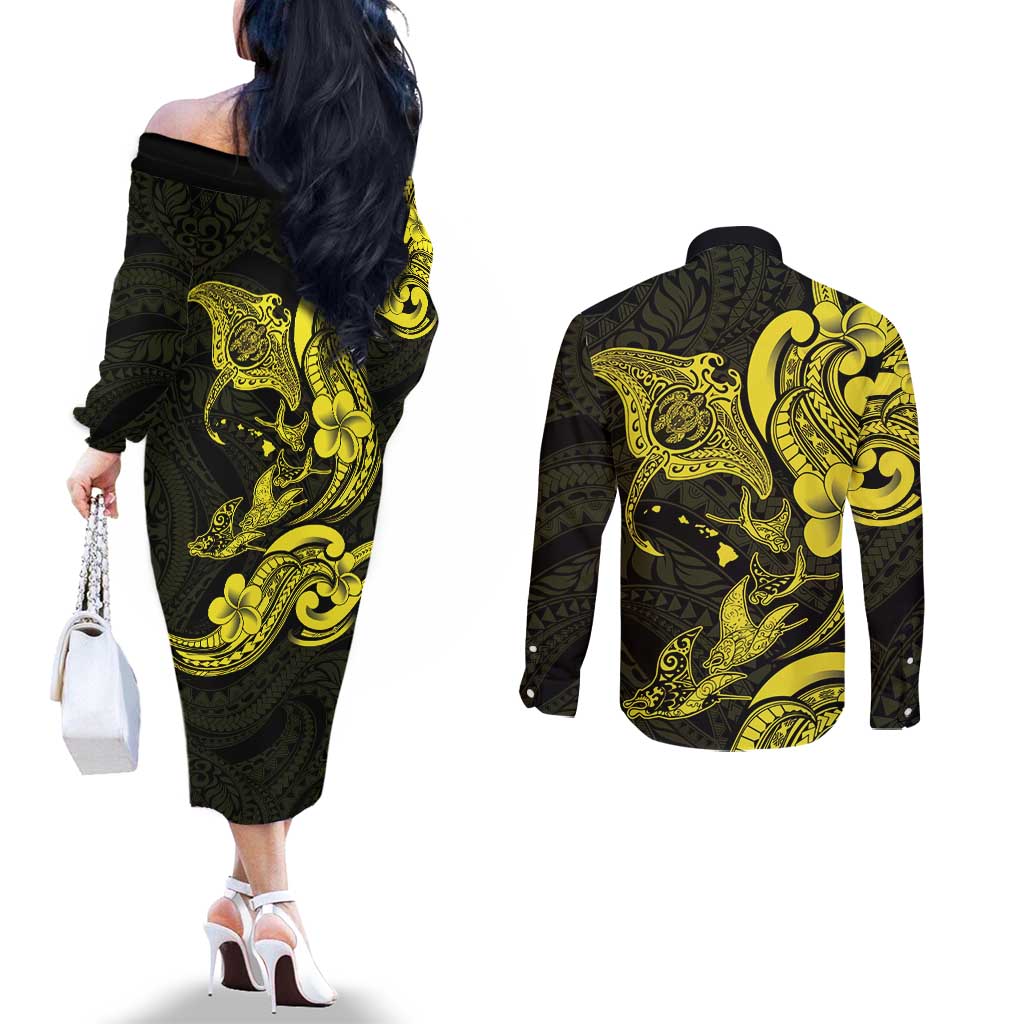 Hawaiian Manta Rays Couples Matching Off The Shoulder Long Sleeve Dress and Long Sleeve Button Shirt Tribal Hibiscus Polynesian Tattoos Yellow Color - Polynesian Pride
