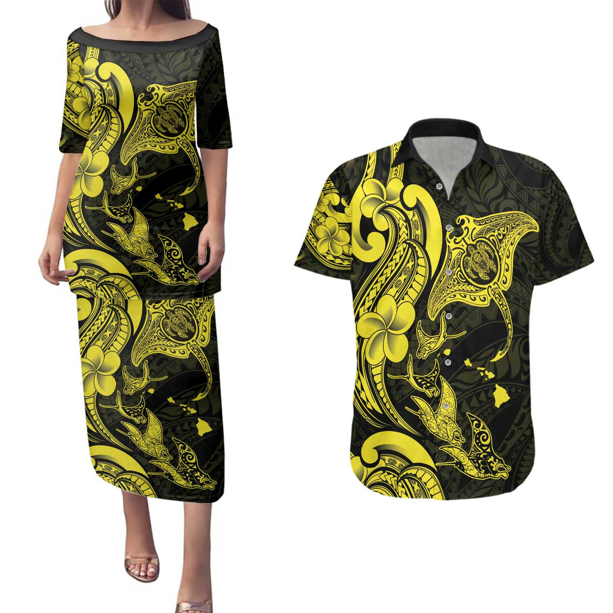 Hawaiian Manta Rays Couples Matching Puletasi and Hawaiian Shirt Tribal Hibiscus Polynesian Tattoos Yellow Color - Polynesian Pride