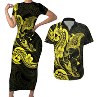 Hawaiian Manta Rays Couples Matching Short Sleeve Bodycon Dress and Hawaiian Shirt Tribal Hibiscus Polynesian Tattoos Yellow Color LT03 Yellow - Polynesian Pride