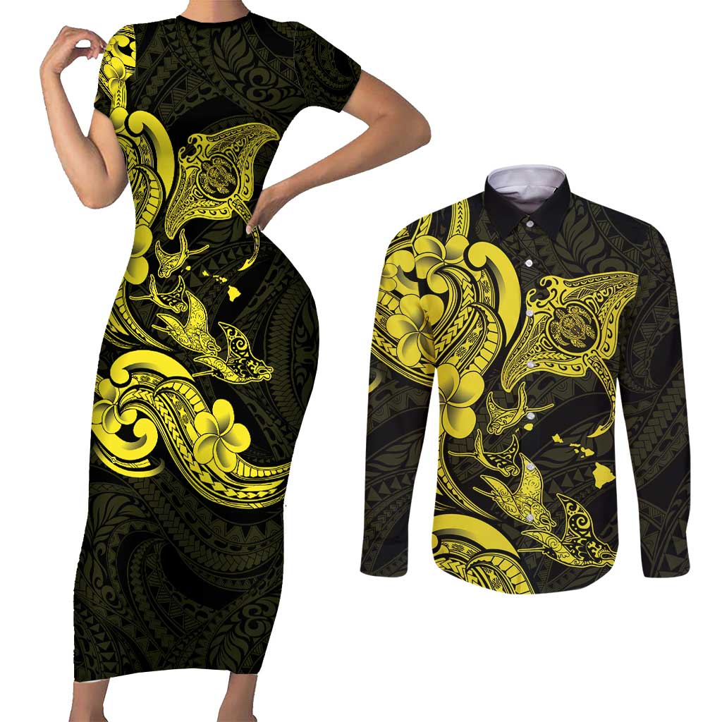 Hawaiian Manta Rays Couples Matching Short Sleeve Bodycon Dress and Long Sleeve Button Shirt Tribal Hibiscus Polynesian Tattoos Yellow Color - Polynesian Pride