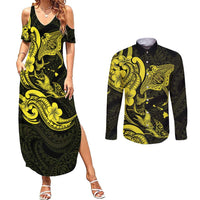 Hawaiian Manta Rays Couples Matching Summer Maxi Dress and Long Sleeve Button Shirt Tribal Hibiscus Polynesian Tattoos Yellow Color - Polynesian Pride