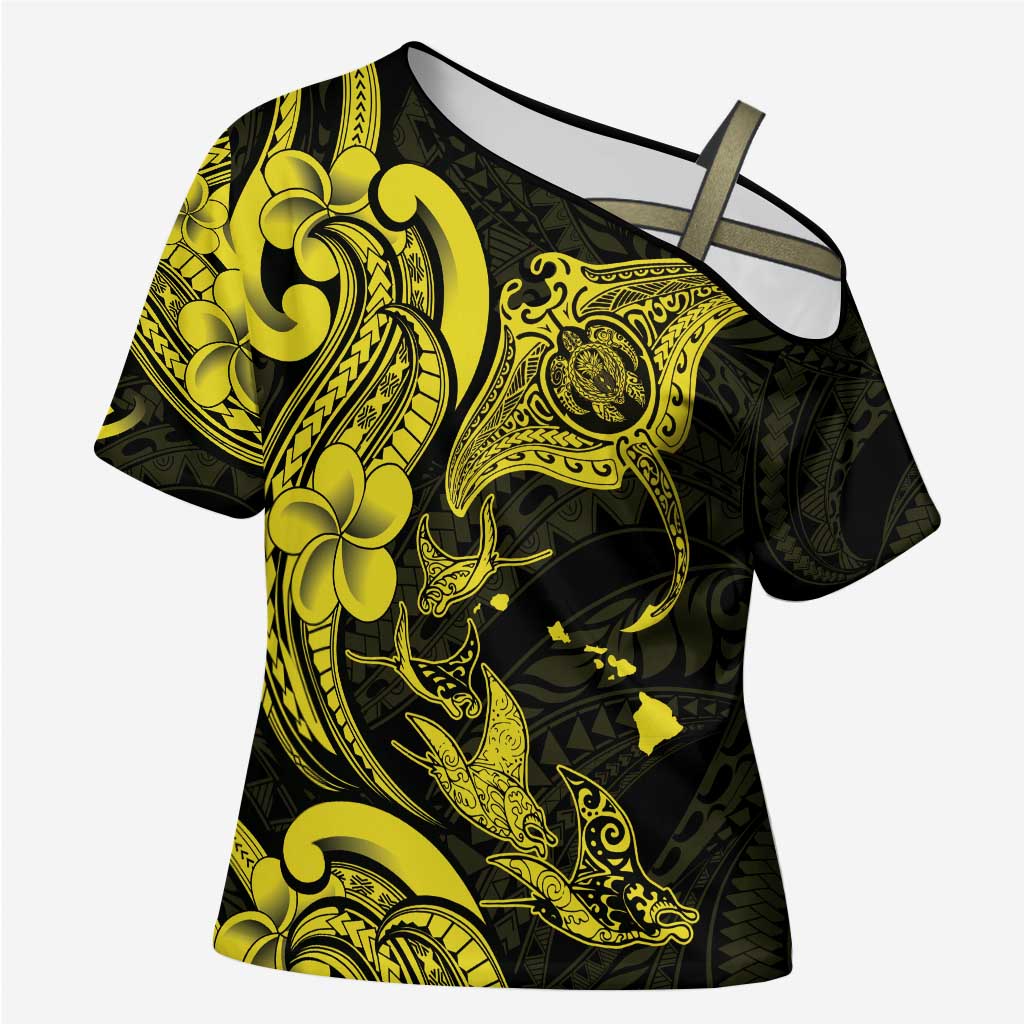 Hawaiian Manta Rays Cross Shoulder Shirt Tribal Hibiscus Polynesian Tattoos Yellow Color - Polynesian Pride