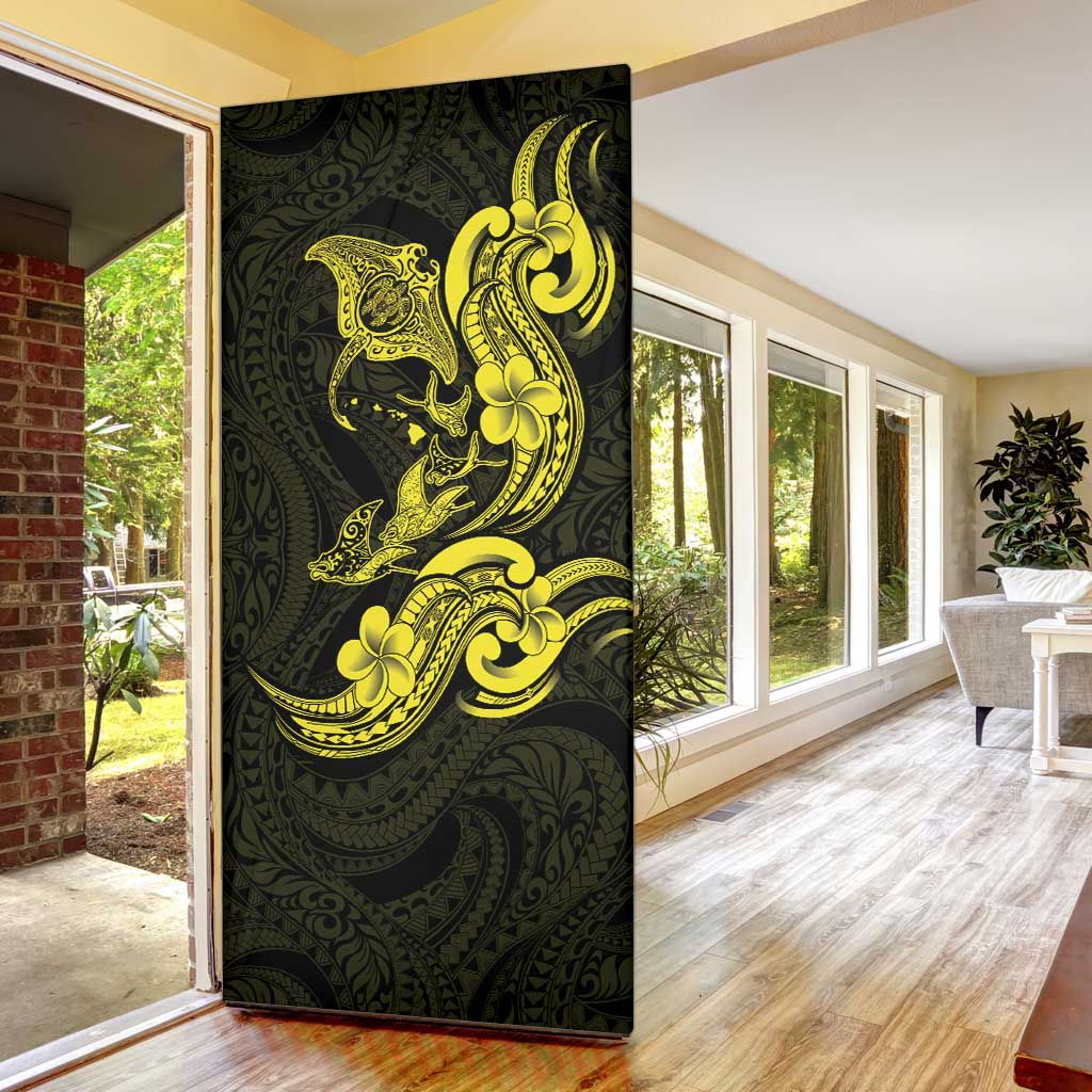 Hawaiian Manta Rays Door Cover Tribal Hibiscus Polynesian Tattoos Yellow Color - Polynesian Pride