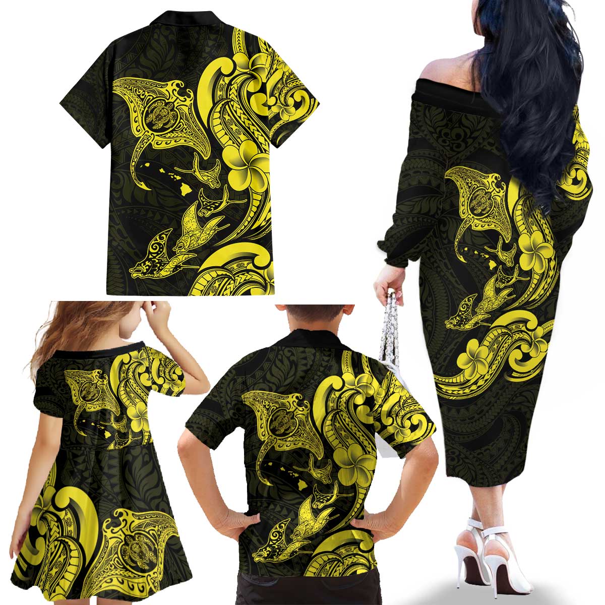 Hawaiian Manta Rays Family Matching Off The Shoulder Long Sleeve Dress and Hawaiian Shirt Tribal Hibiscus Polynesian Tattoos Yellow Color - Polynesian Pride