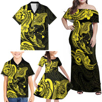 Hawaiian Manta Rays Family Matching Off Shoulder Maxi Dress and Hawaiian Shirt Tribal Hibiscus Polynesian Tattoos Yellow Color - Polynesian Pride